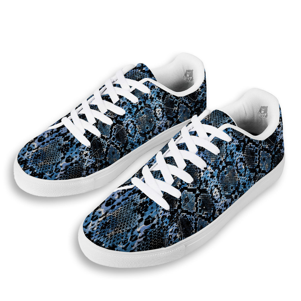 Snakeskin Black And Blue Print White Low Top Sneakers-grizzshop