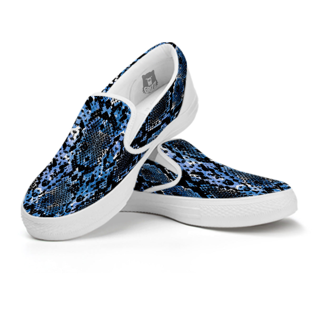 Snakeskin Black And Blue Print White Slip On Shoes-grizzshop