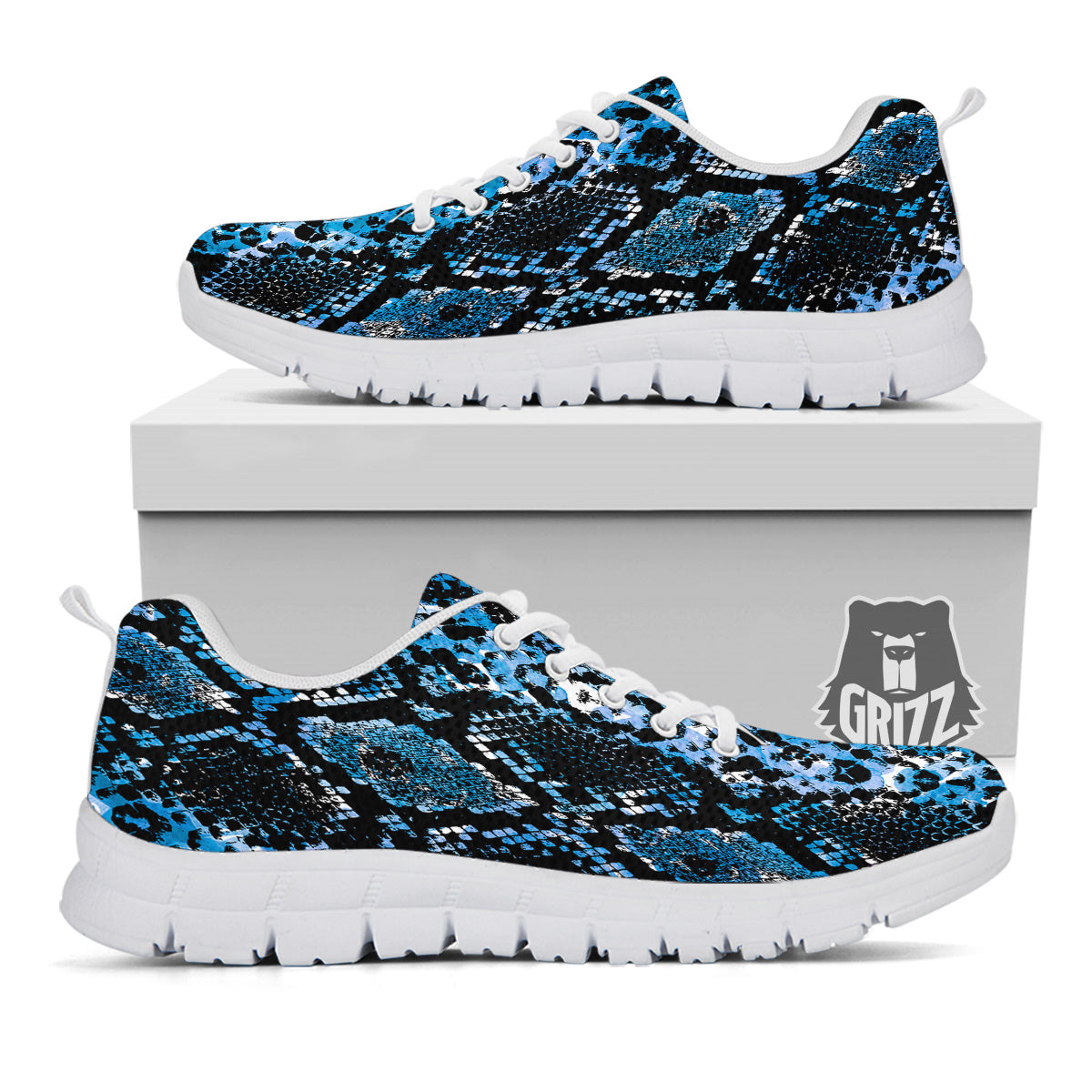 Snakeskin Black And Blue Print White Sneaker-grizzshop