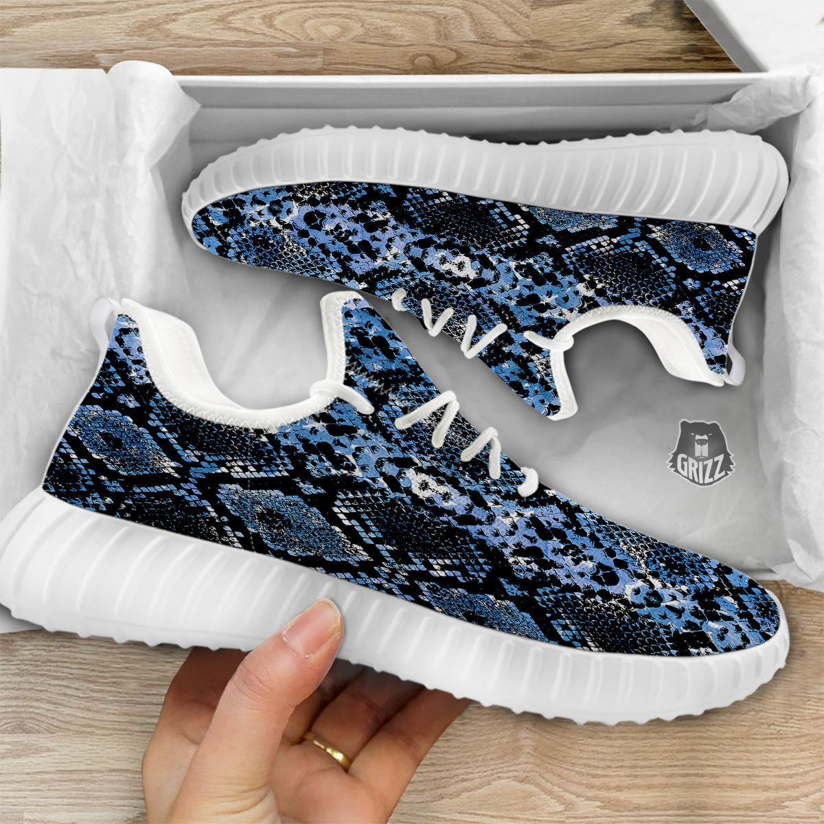 Snakeskin Black And Blue Print White Walking Shoes-grizzshop