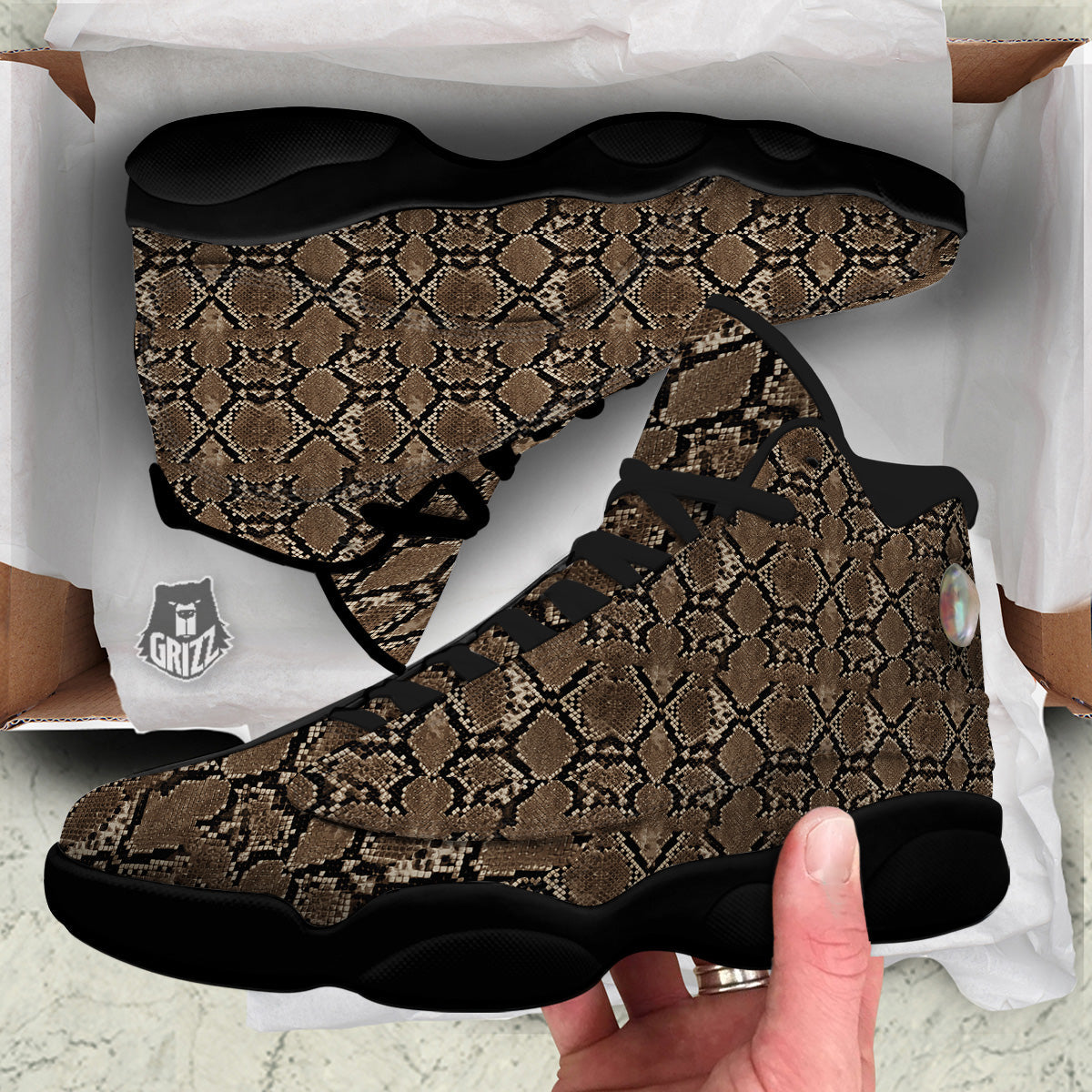 Snakeskin Black And Brown Print Black Basketball Shoes-grizzshop
