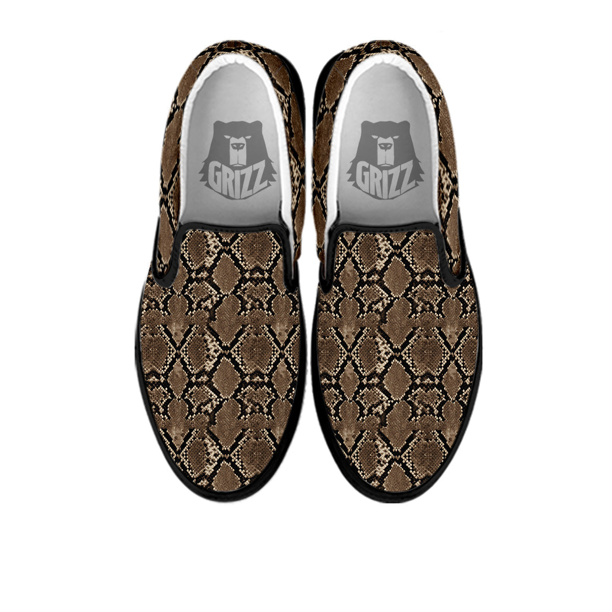 Snakeskin Black And Brown Print Black Slip On Shoes-grizzshop