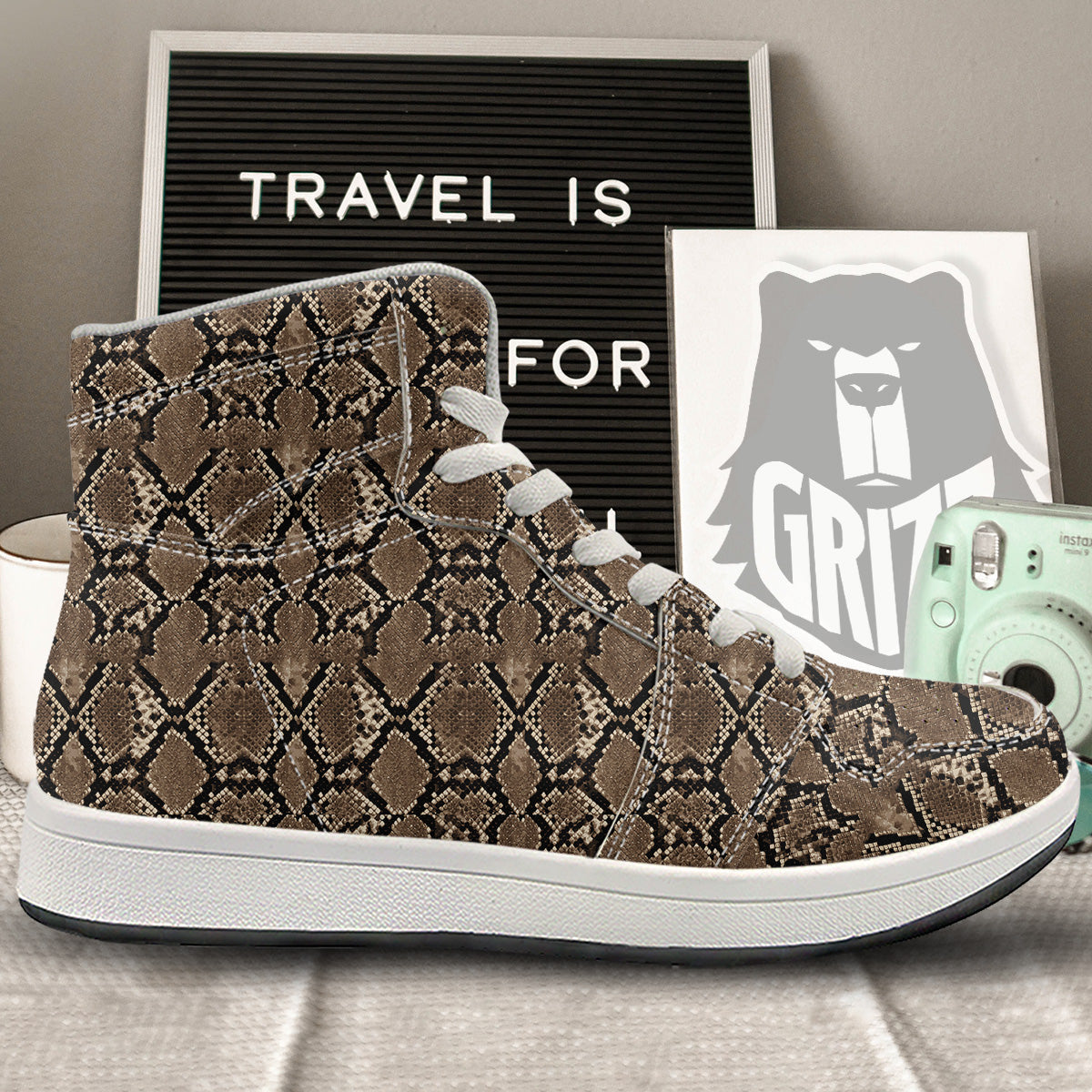 Snakeskin Black And Brown Print High Top Sneakers-grizzshop