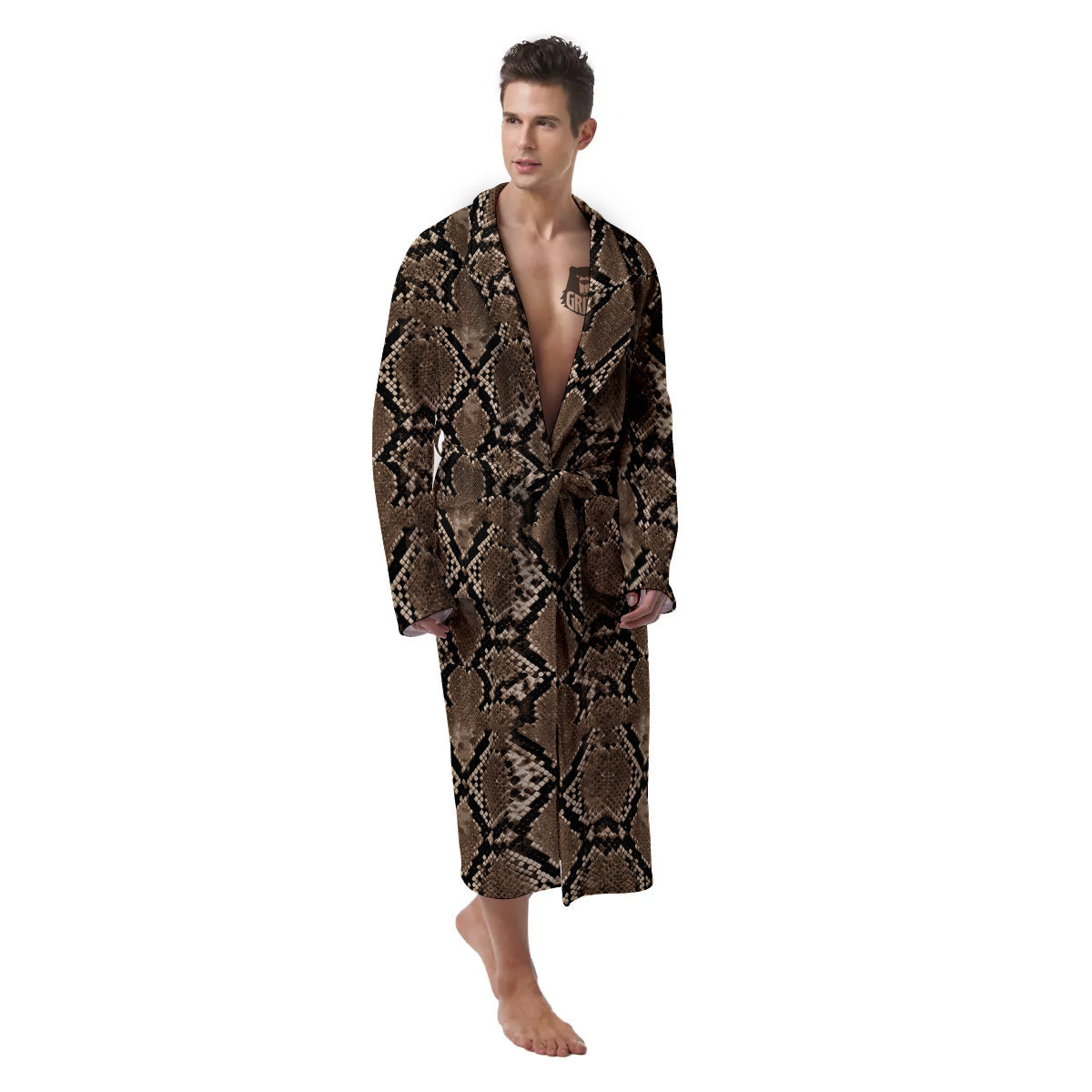Snakeskin Black And Brown Print Men's Robe-grizzshop