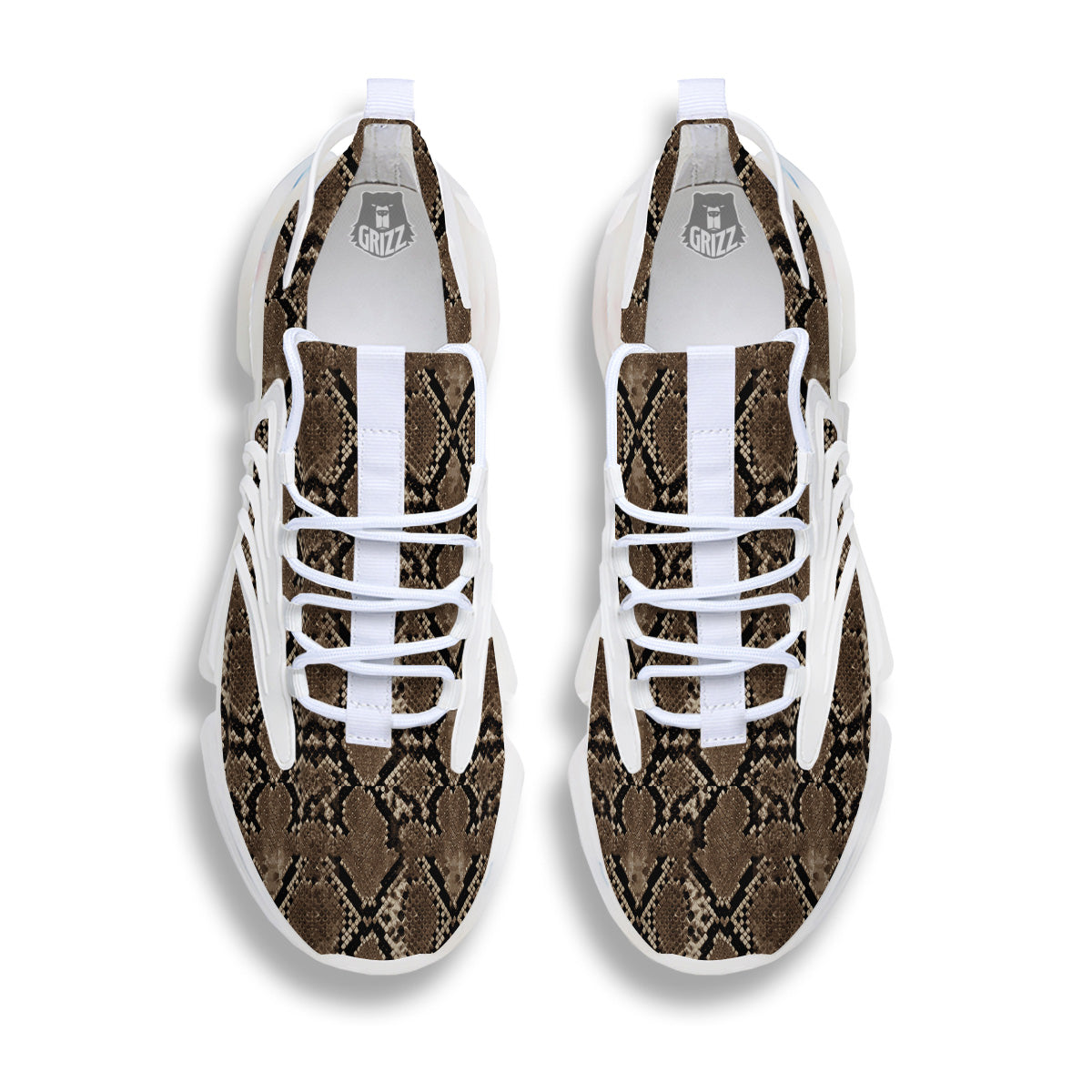 Snakeskin Black And Brown Print White Gym Shoes-grizzshop