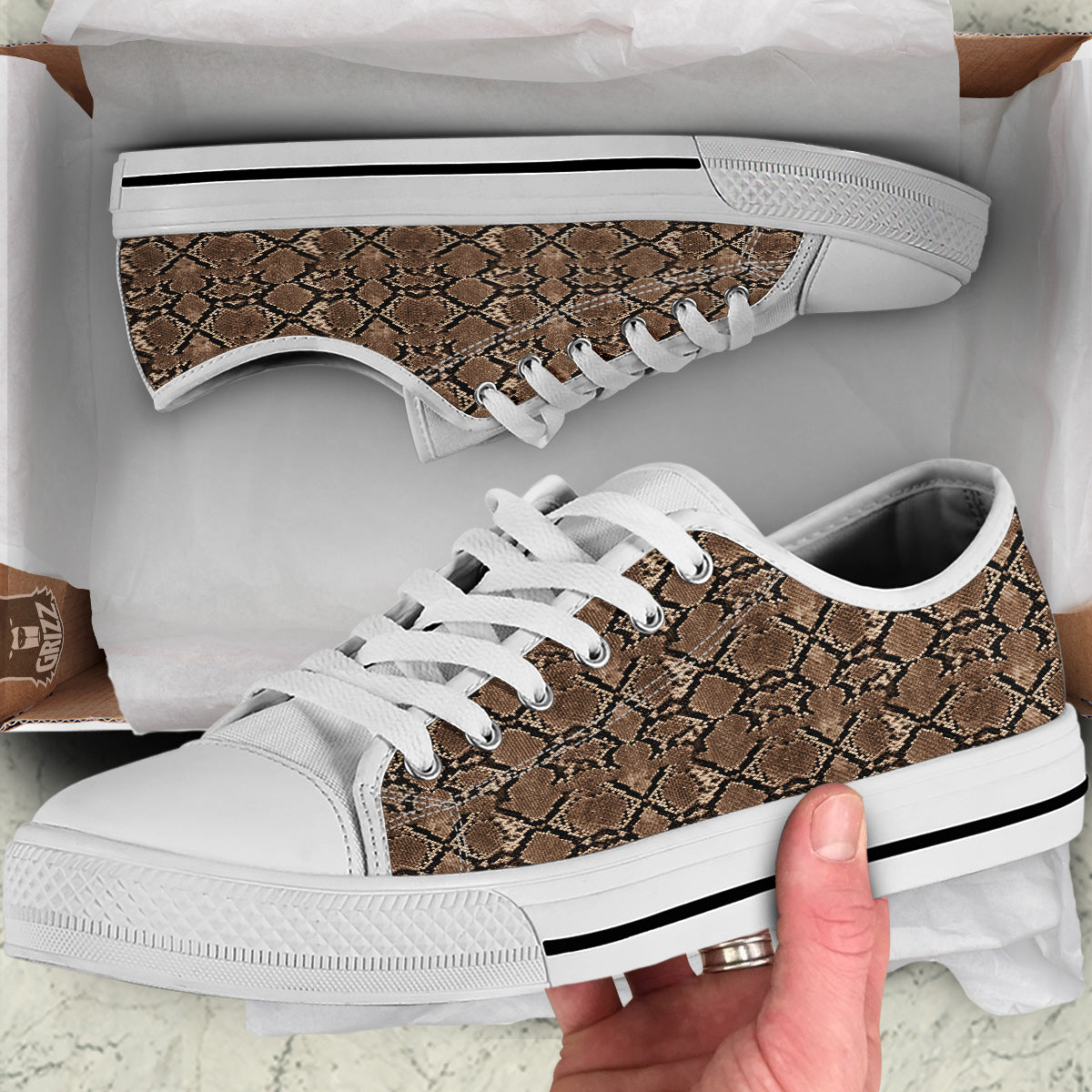 Snakeskin Black And Brown Print White Low Top Shoes-grizzshop