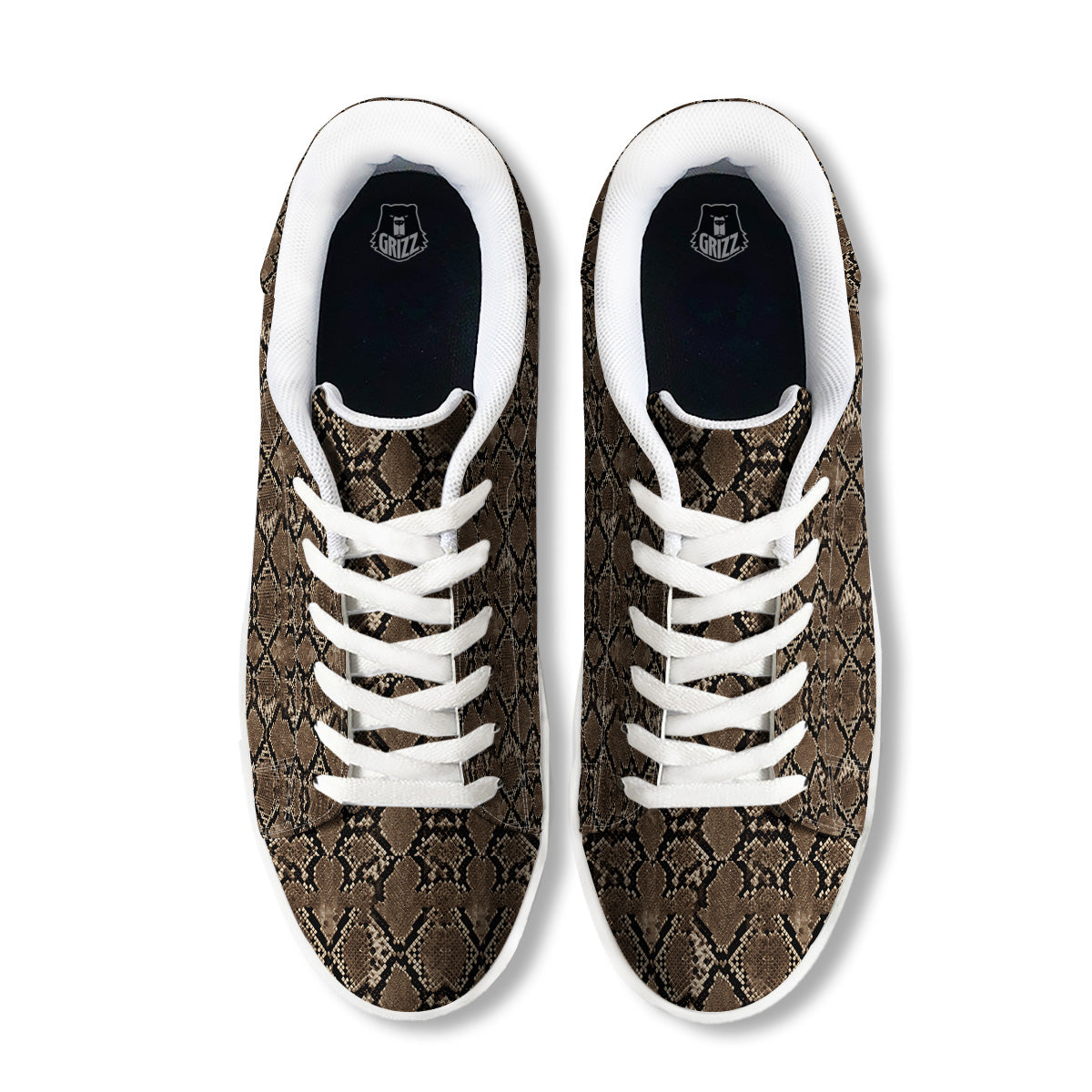 Snakeskin Black And Brown Print White Low Top Sneakers-grizzshop