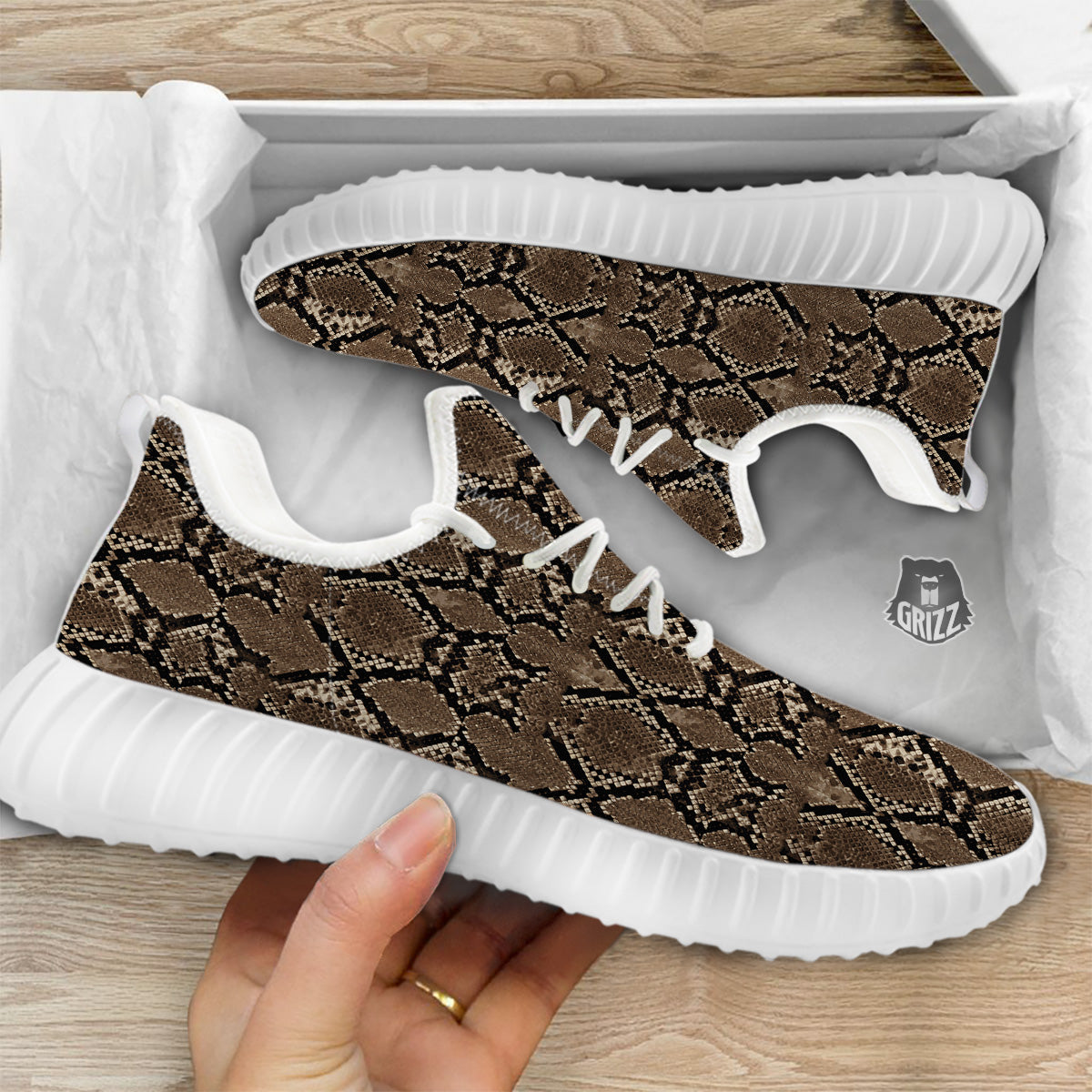 Snakeskin Black And Brown Print White Walking Shoes-grizzshop