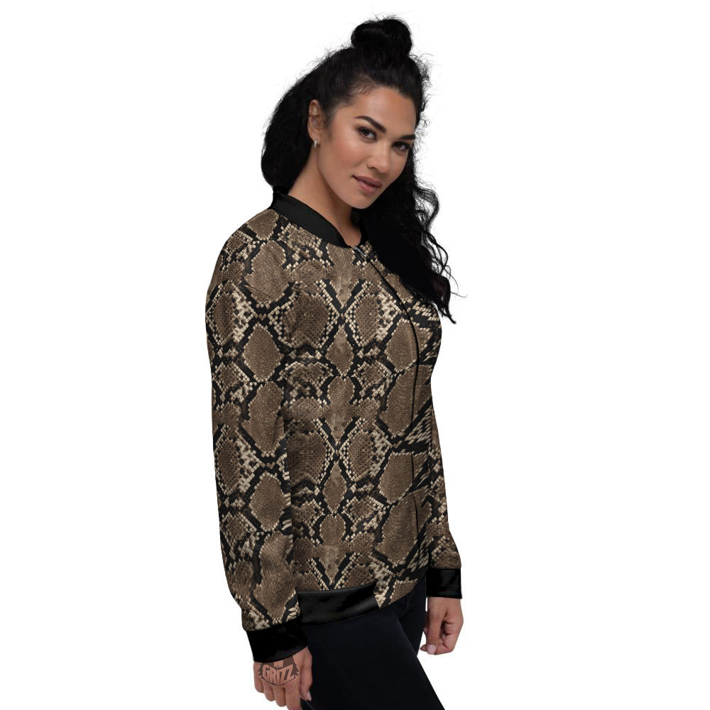 Snakeskin Black And Brown Print Women's Bomber Jacket-grizzshop