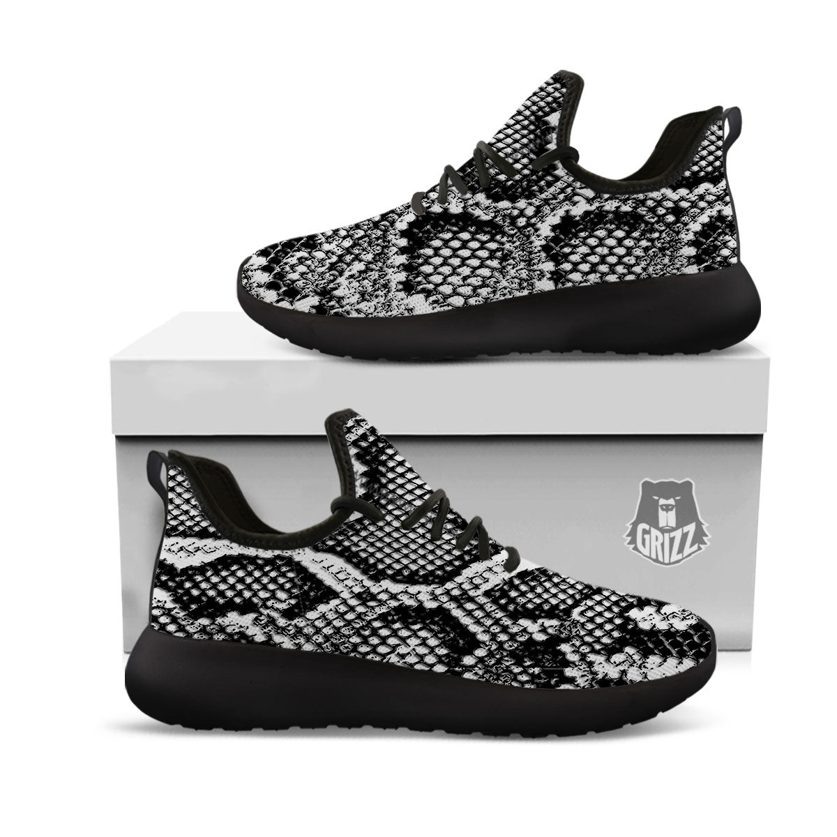 Snakeskin Black And Grey Print Black Athletic Shoes-grizzshop