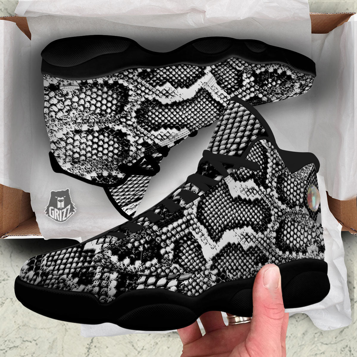 Snakeskin Black And Grey Print Black Basketball Shoes-grizzshop