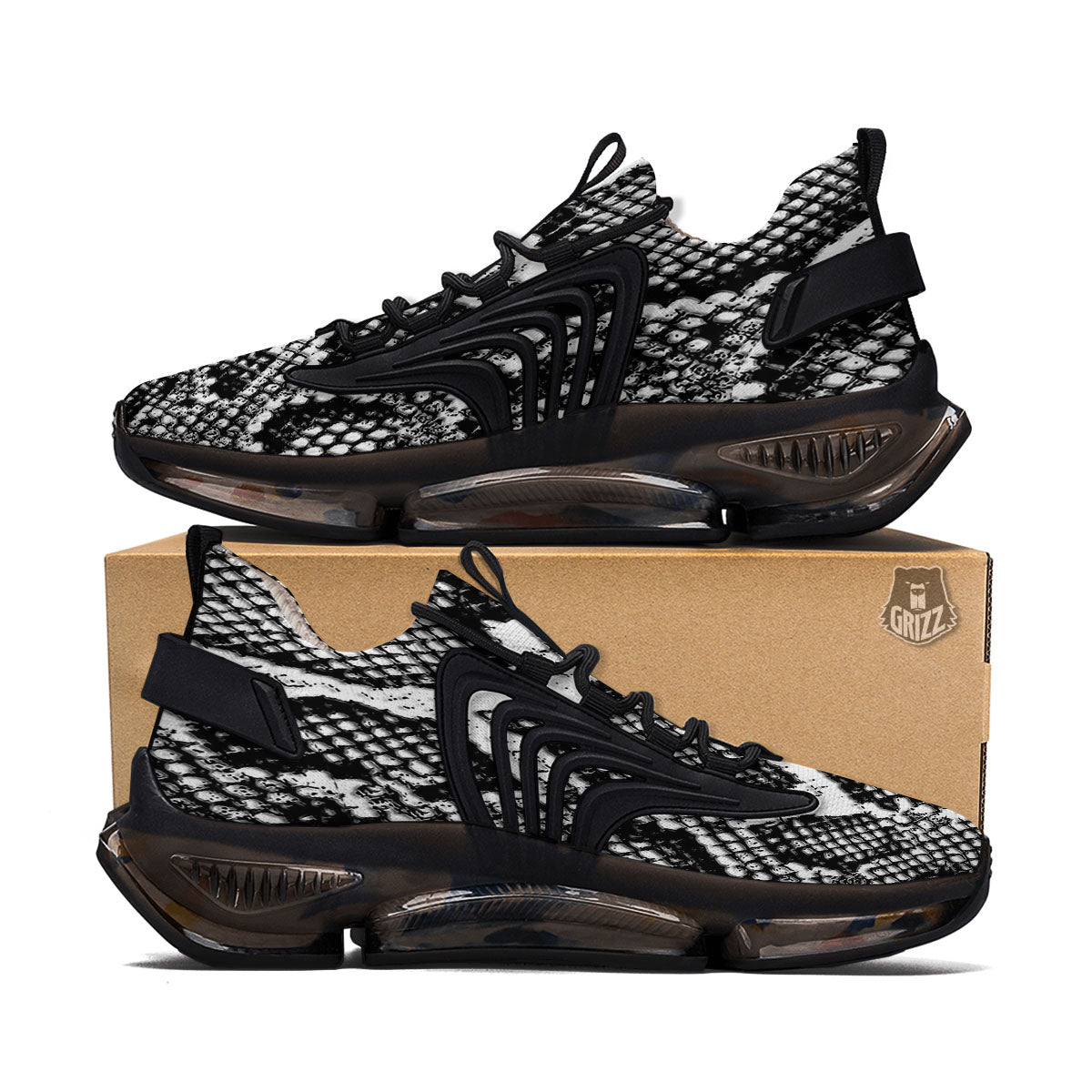 Snakeskin Black And Grey Print Black Gym Shoes-grizzshop