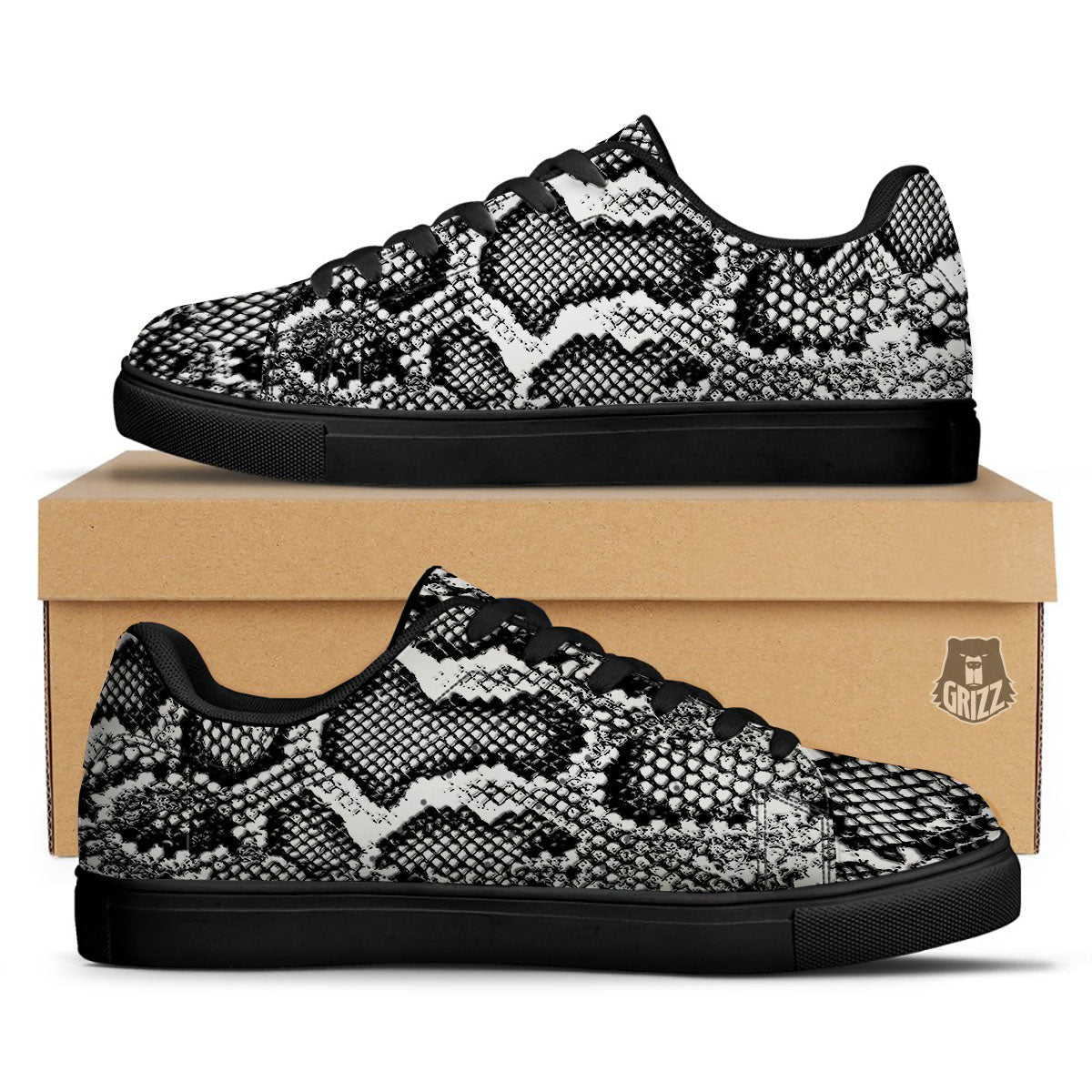 Snakeskin Black And Grey Print Black Low Top Sneakers-grizzshop