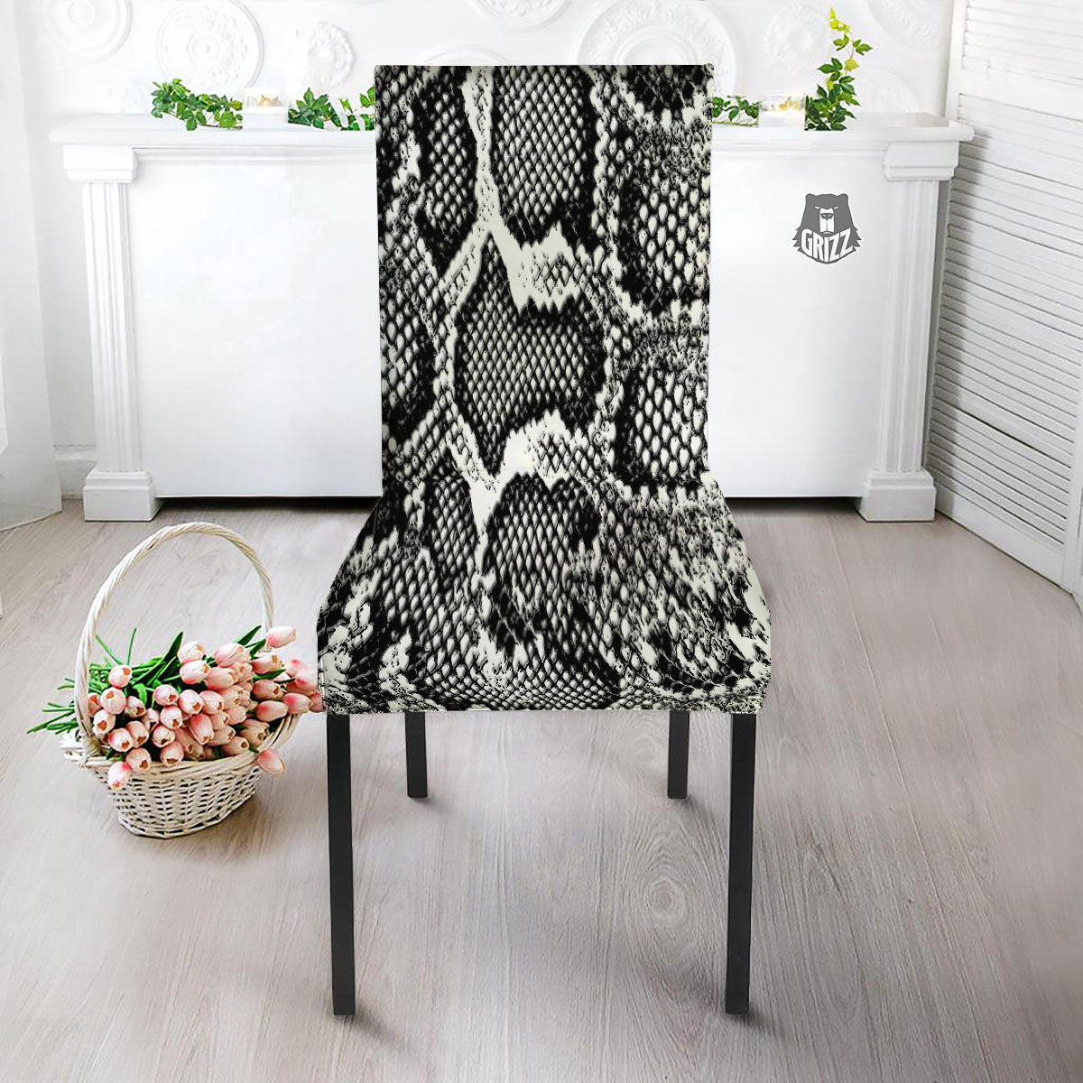 Snakeskin Black And Grey Print Dining Chair Slipcover-grizzshop