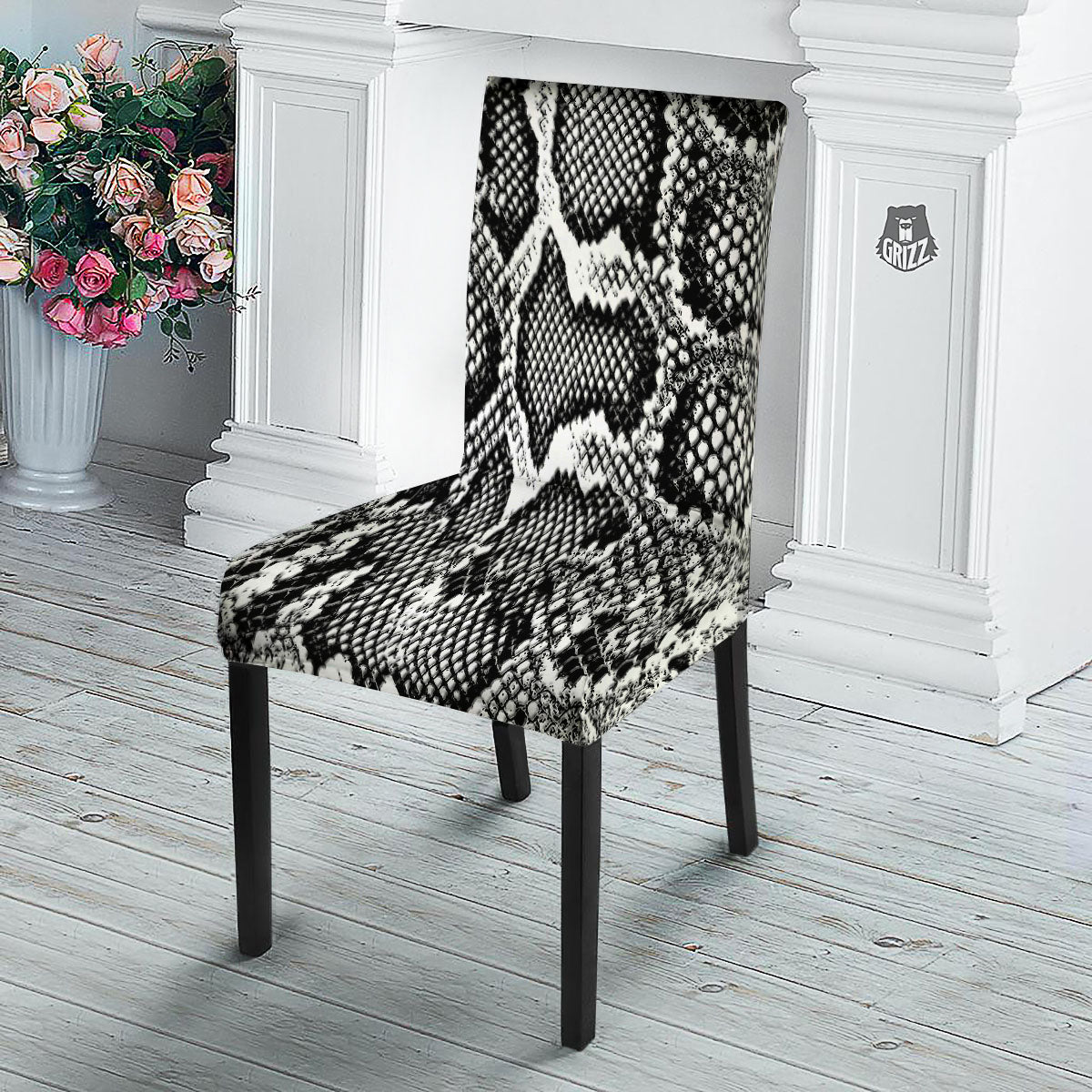 Snakeskin Black And Grey Print Dining Chair Slipcover-grizzshop