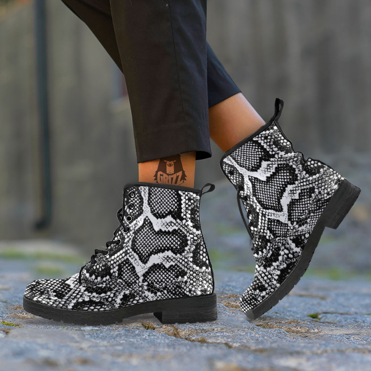 Snakeskin Black And Grey Print Leather Boots-grizzshop