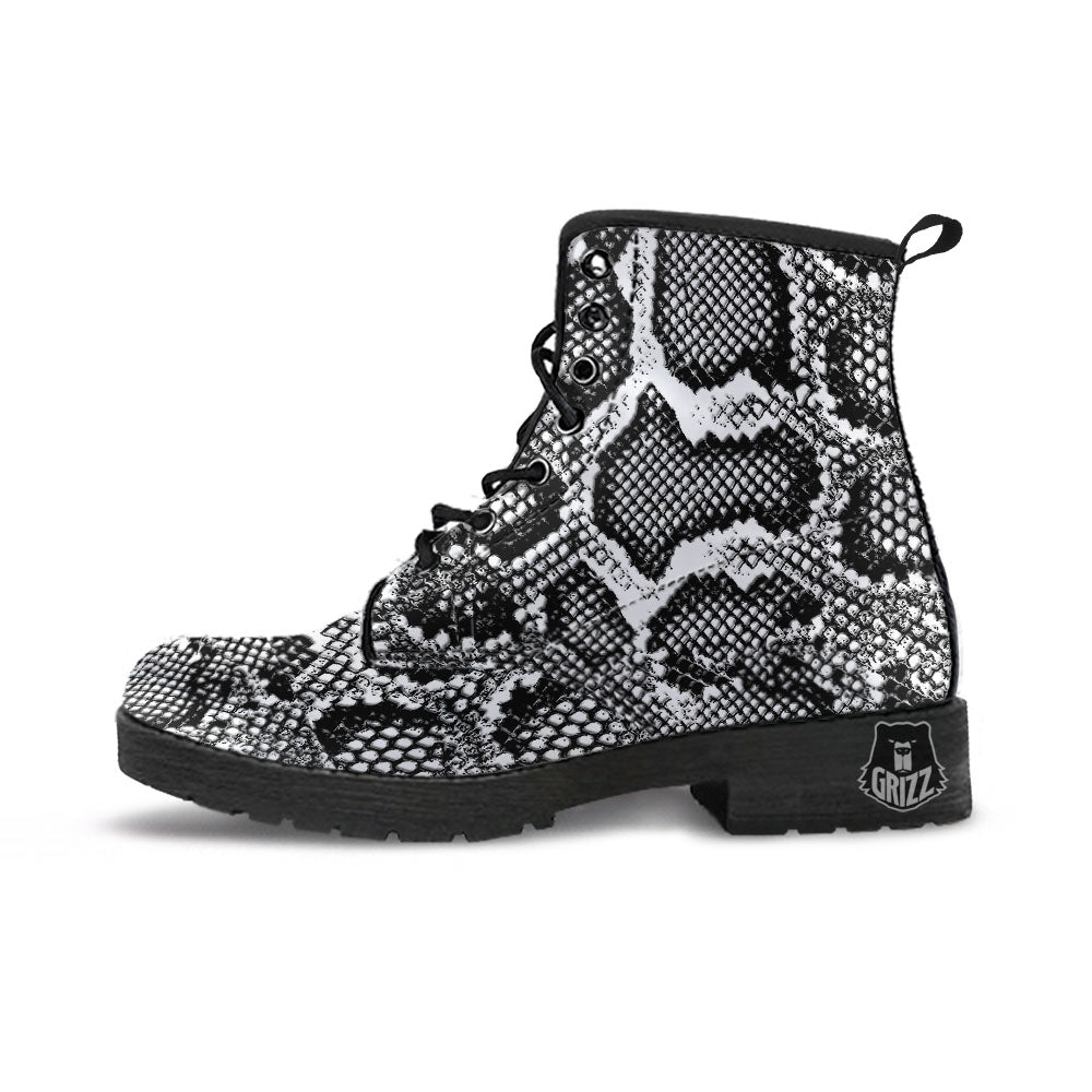Snakeskin Black And Grey Print Leather Boots-grizzshop