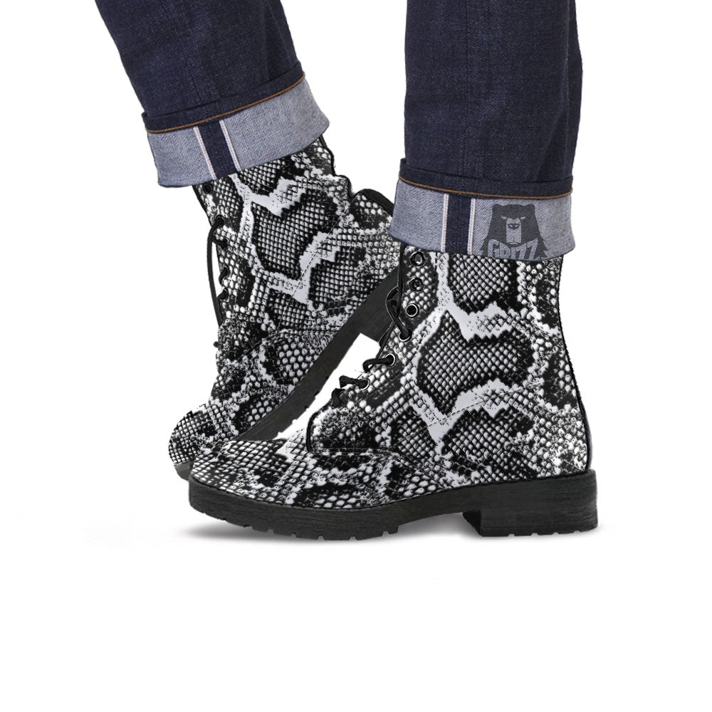 Snakeskin Black And Grey Print Leather Boots-grizzshop