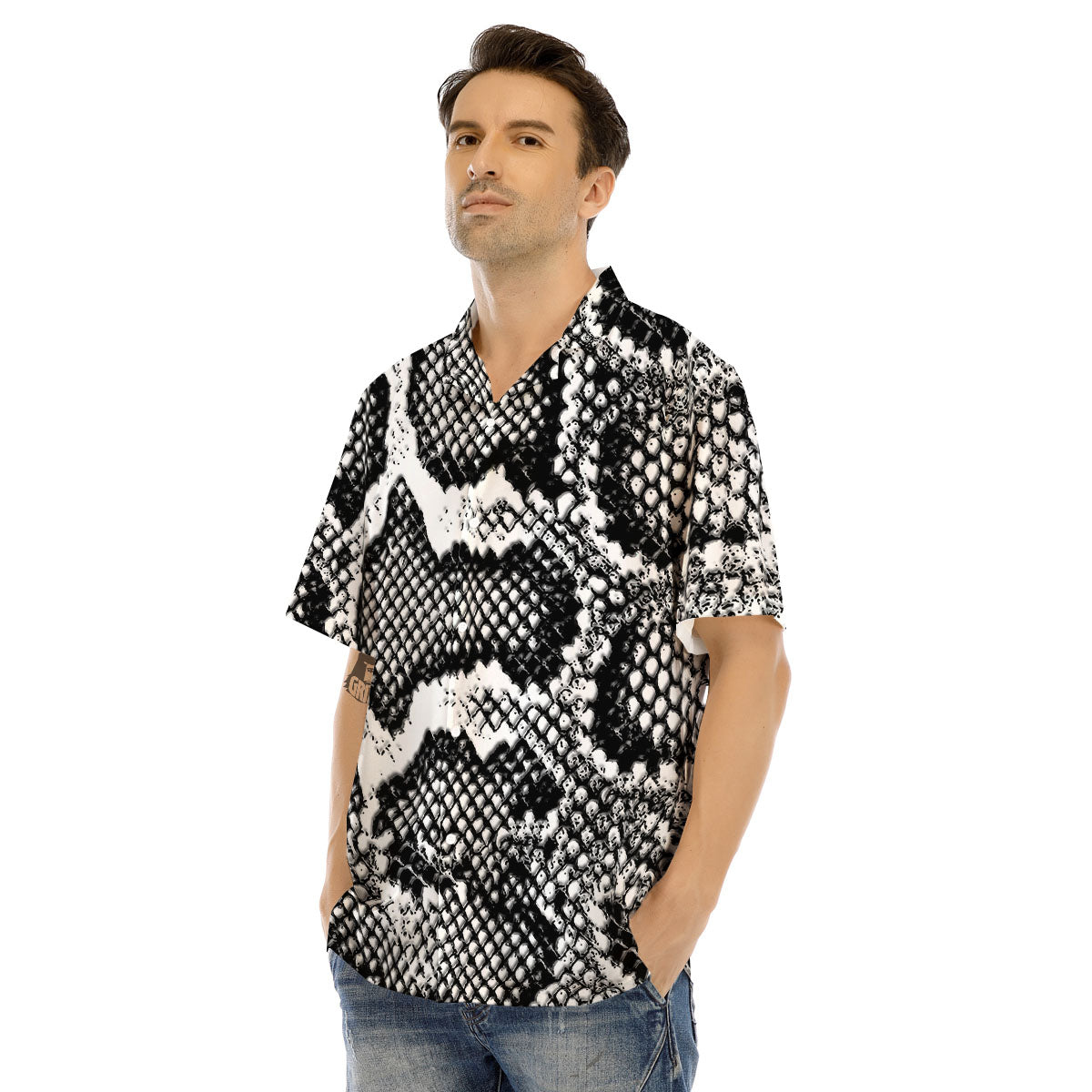 Snakeskin Black And Grey Print Men's Hawaiian Shirt-grizzshop