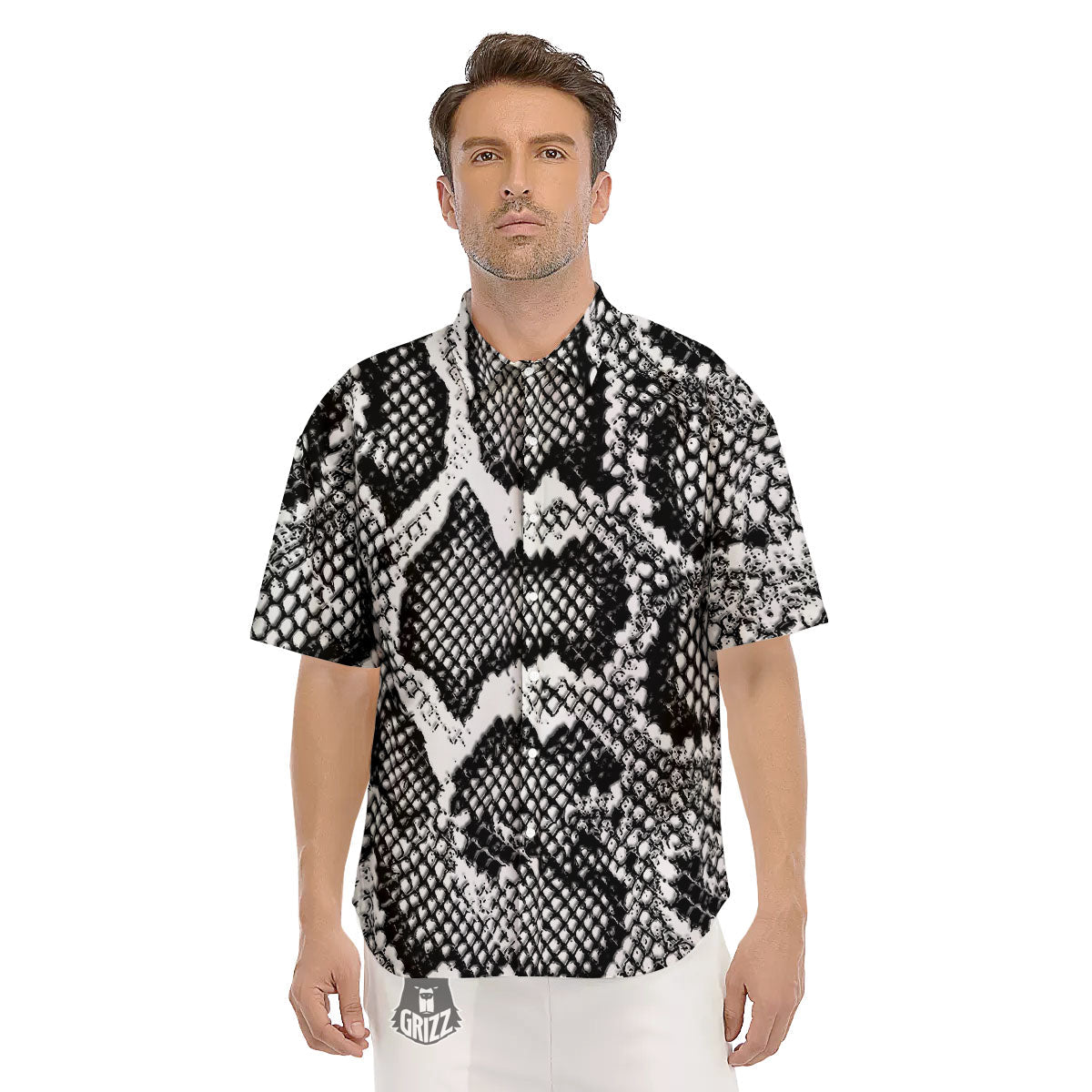 Snakeskin Black And Grey Print Men's Short Sleeve Shirts-grizzshop