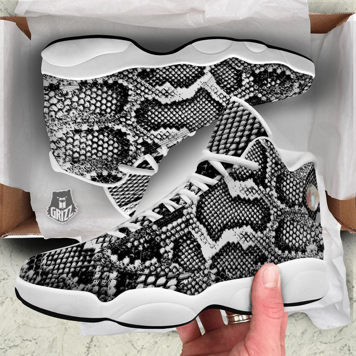 Snakeskin Black And Grey Print White Basketball Shoes-grizzshop