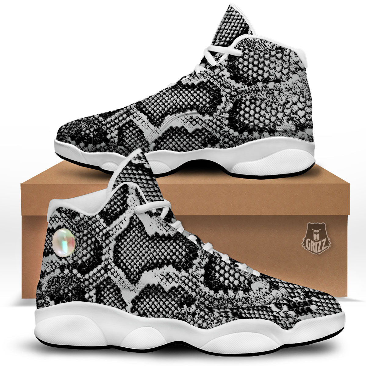 Snakeskin Black And Grey Print White Basketball Shoes-grizzshop