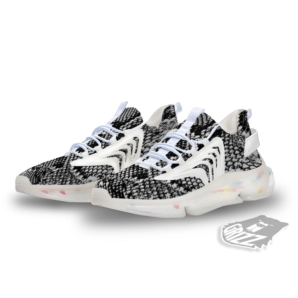 Snakeskin Black And Grey Print White Gym Shoes-grizzshop