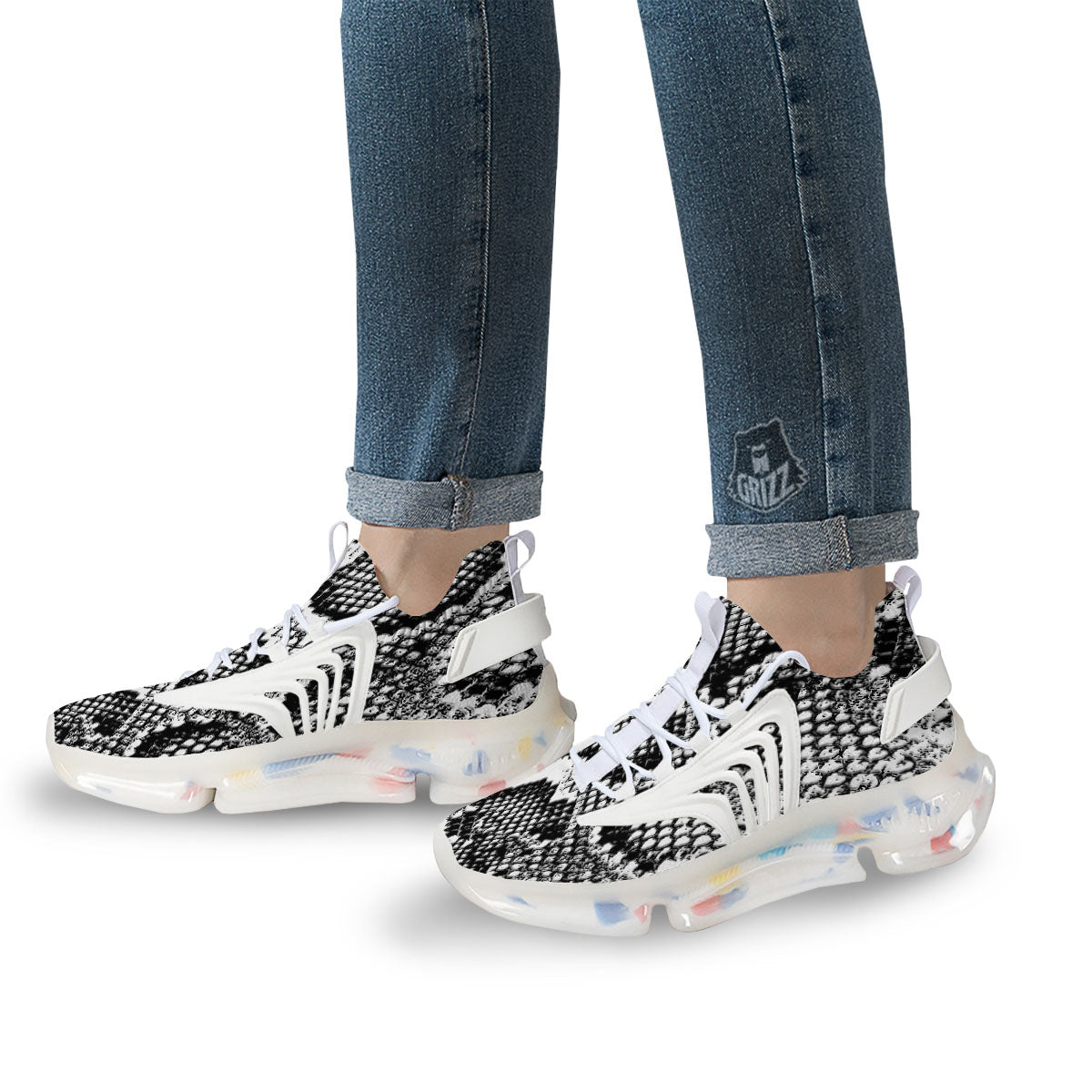 Snakeskin Black And Grey Print White Gym Shoes-grizzshop