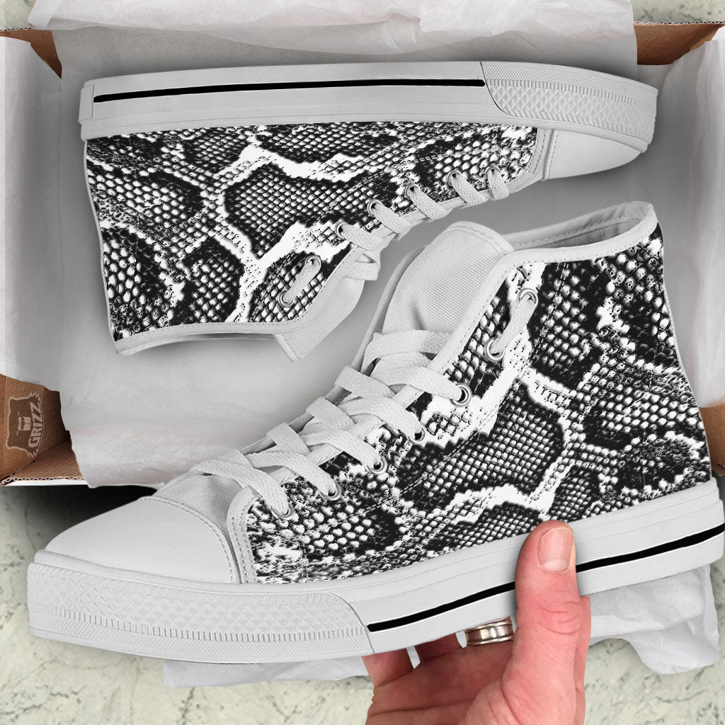 Snakeskin Black And Grey Print White High Top Shoes-grizzshop