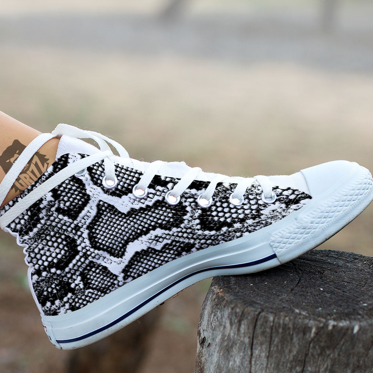 Snakeskin Black And Grey Print White High Top Shoes-grizzshop