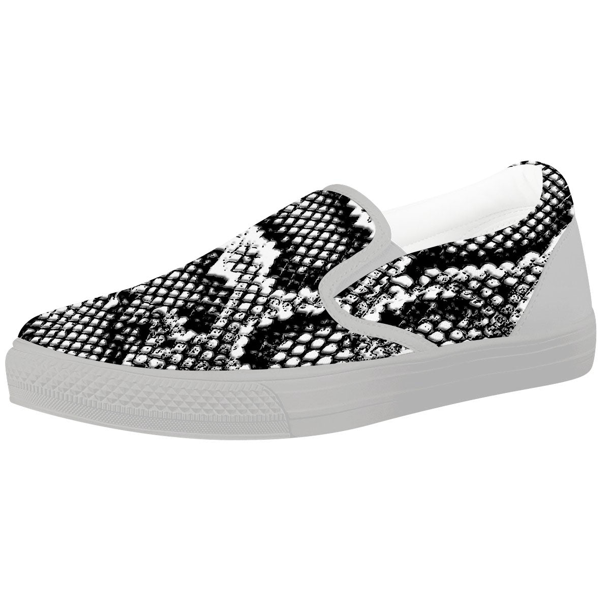 Snakeskin Black And Grey Print White Slip On Shoes-grizzshop