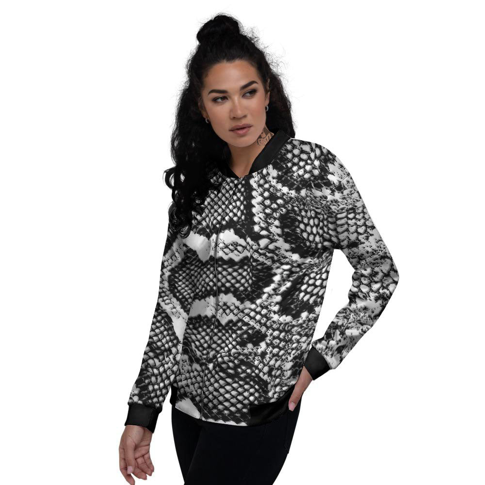 Snakeskin Black And Grey Print Women's Bomber Jacket-grizzshop