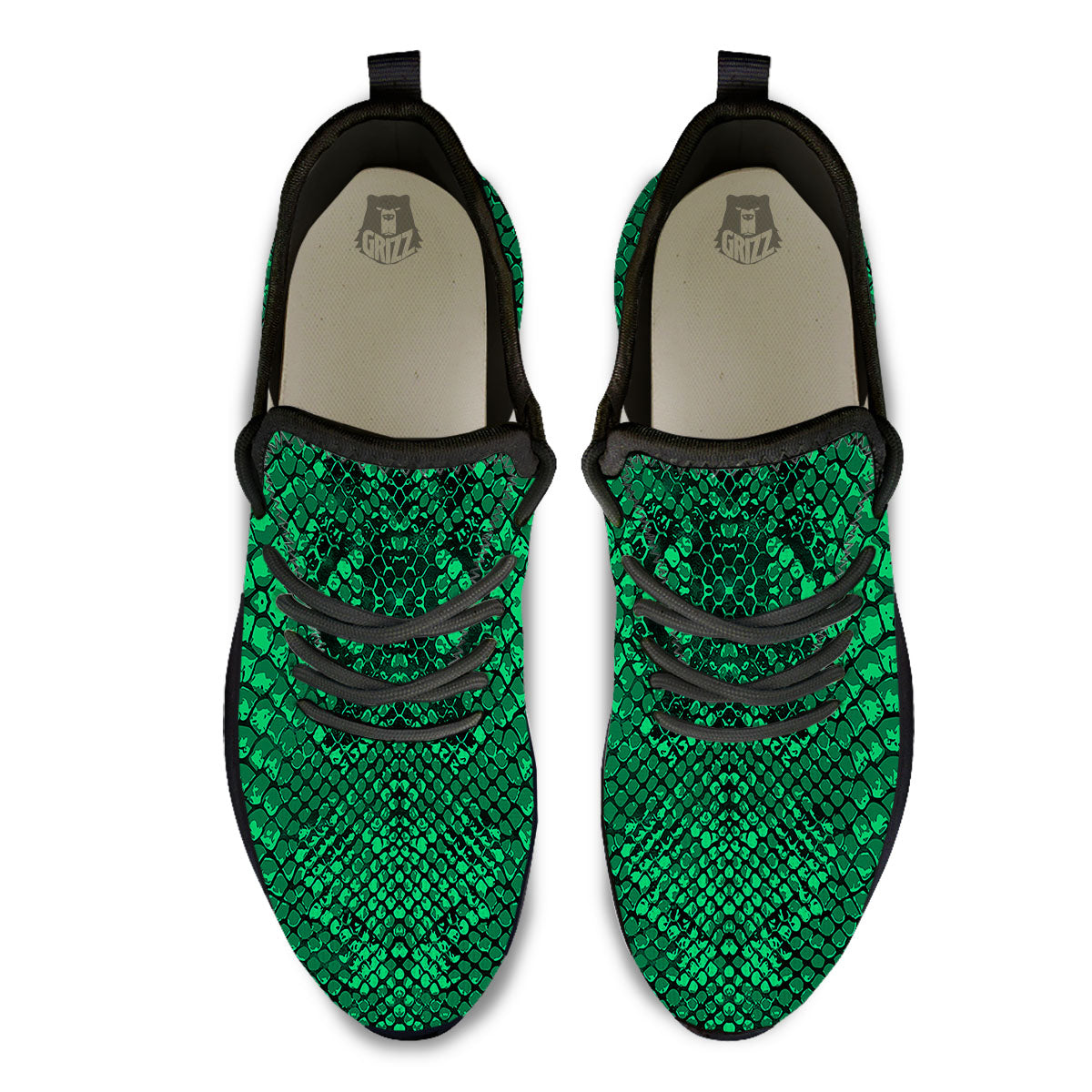 Snakeskin Black And Lime Green Print Black Athletic Shoes-grizzshop