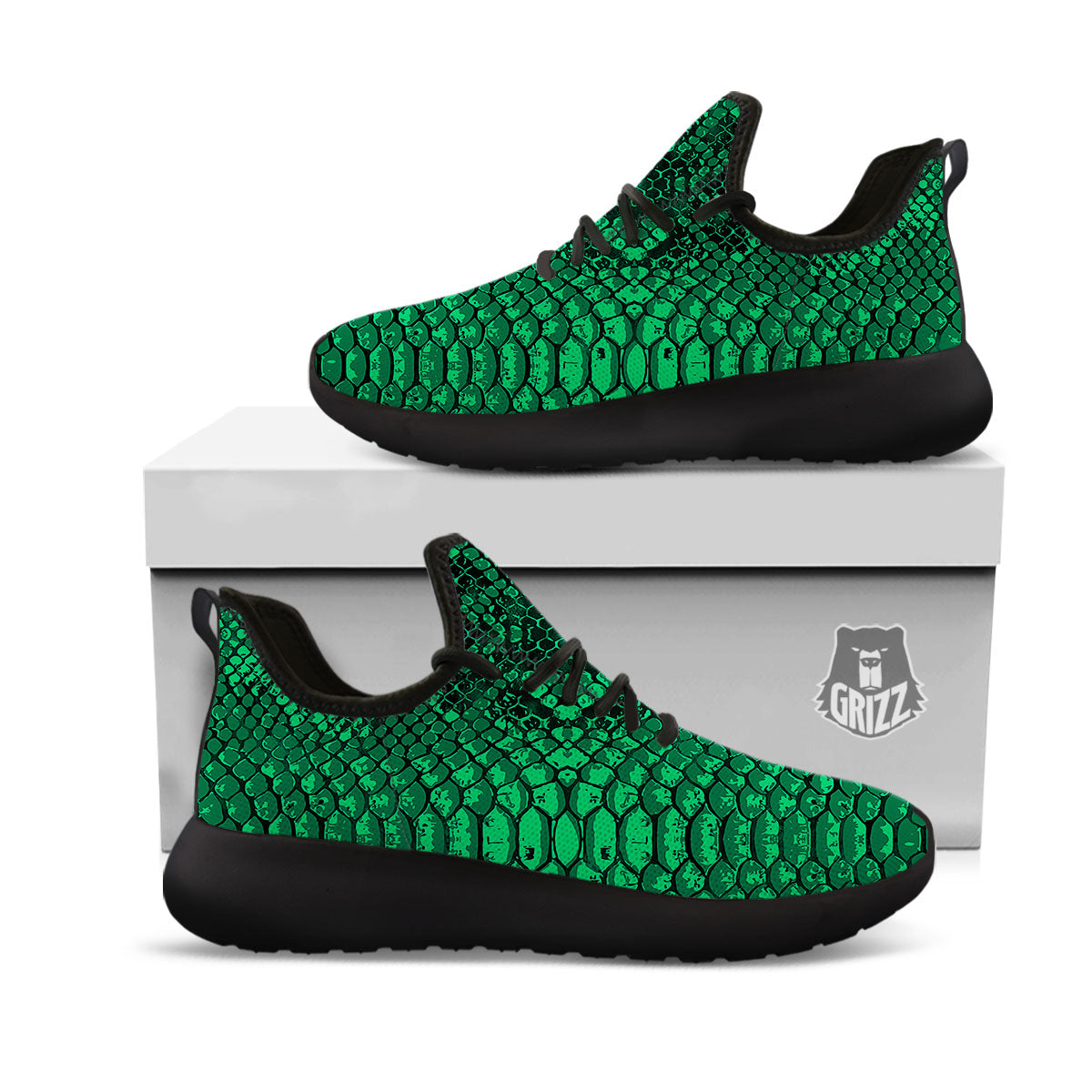 Snakeskin Black And Lime Green Print Black Athletic Shoes-grizzshop