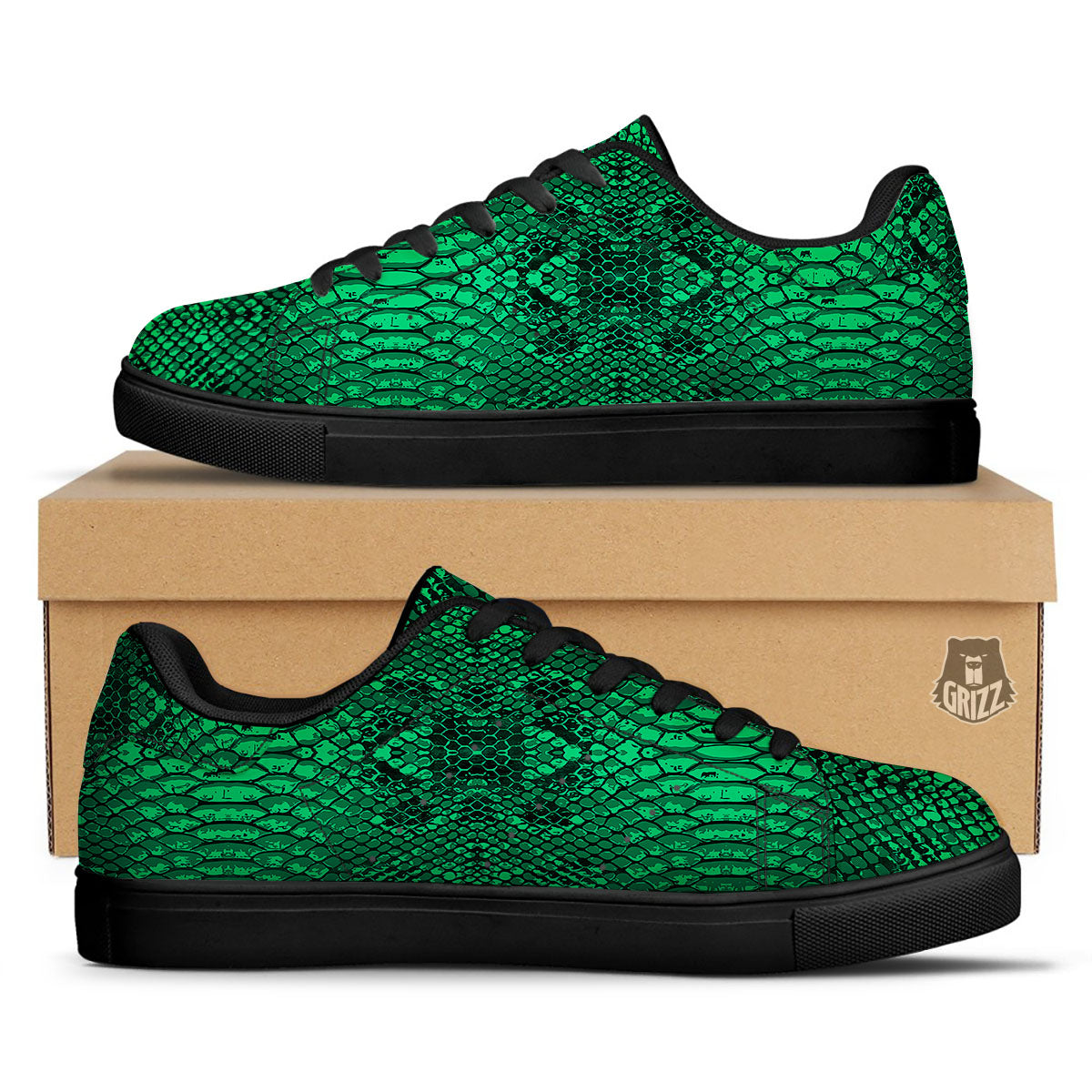 Snakeskin Black And Lime Green Print Black Low Top Sneakers-grizzshop