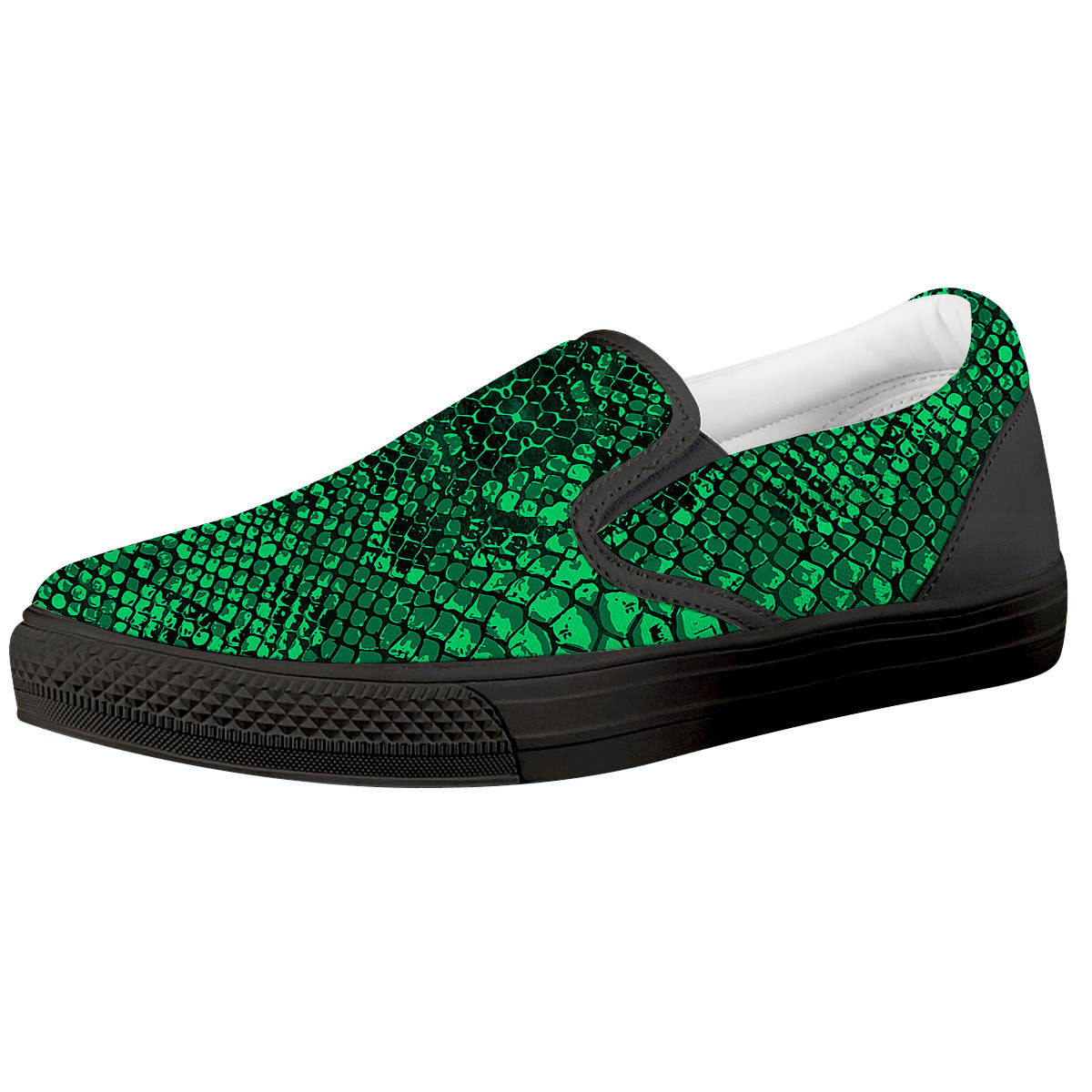 Snakeskin Black And Lime Green Print Black Slip On Shoes-grizzshop