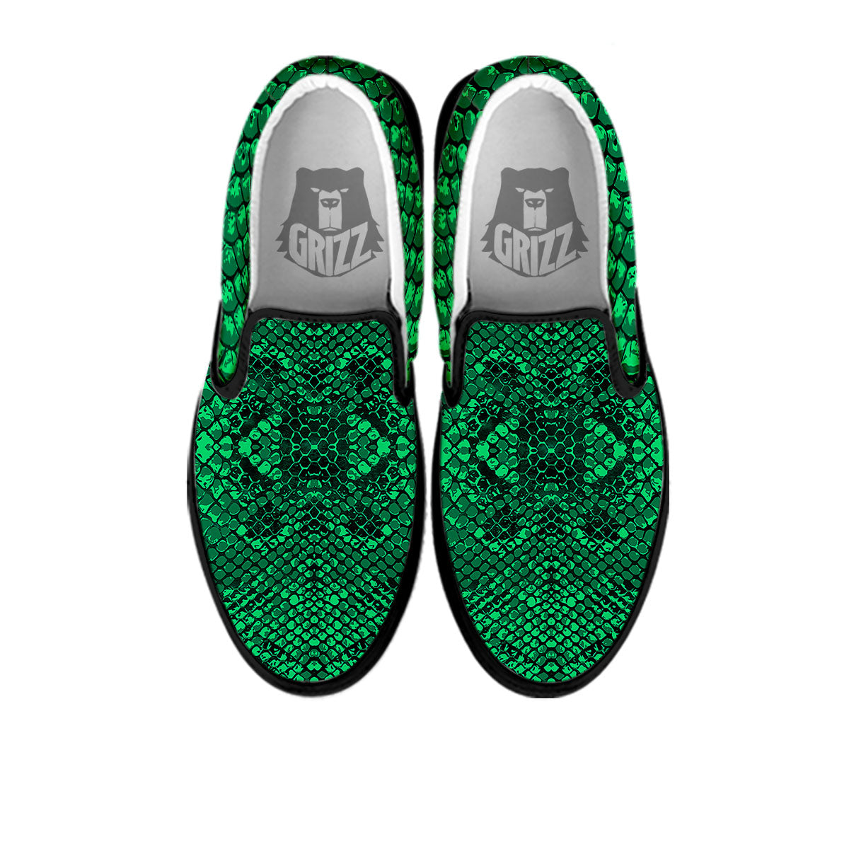 Snakeskin Black And Lime Green Print Black Slip On Shoes-grizzshop