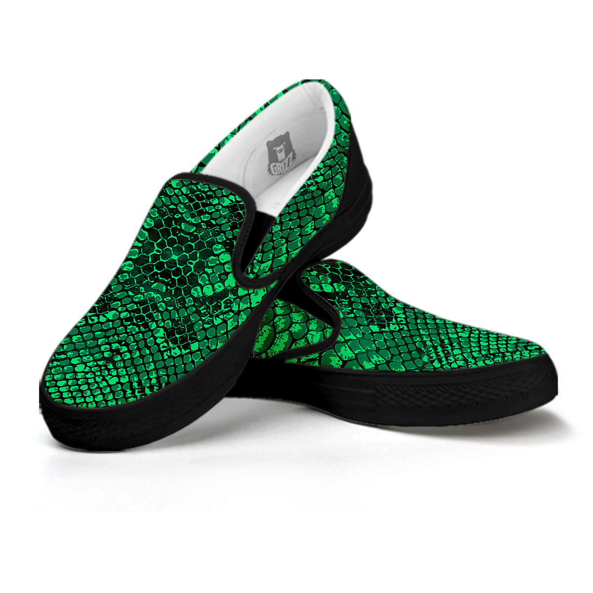 Snakeskin Black And Lime Green Print Black Slip On Shoes-grizzshop