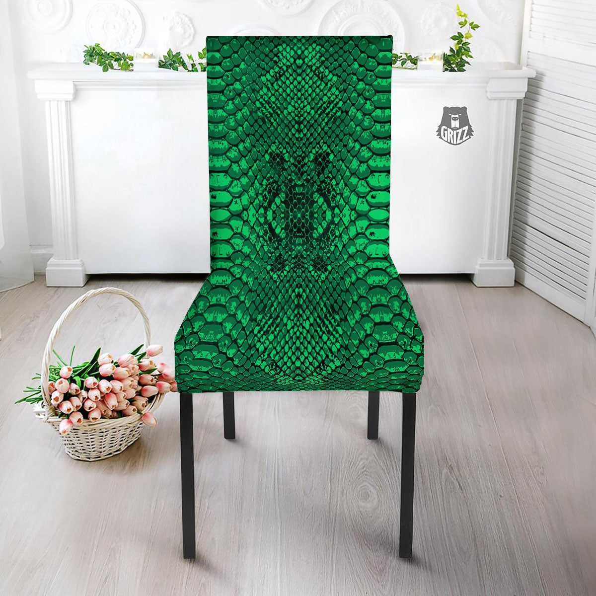 Snakeskin Black And Lime Green Print Dining Chair Slipcover-grizzshop