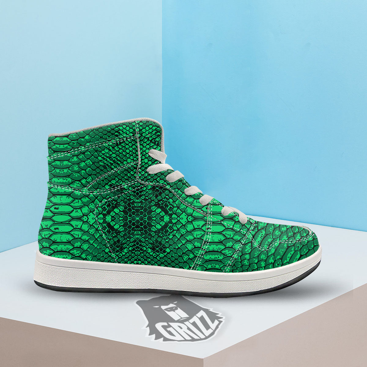 Snakeskin Black And Lime Green Print High Top Sneakers-grizzshop