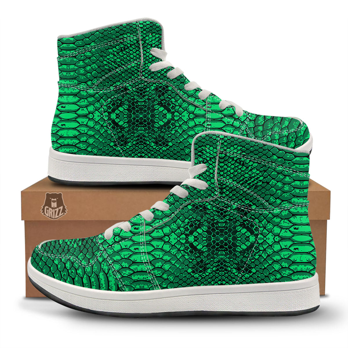 Snakeskin Black And Lime Green Print High Top Sneakers-grizzshop