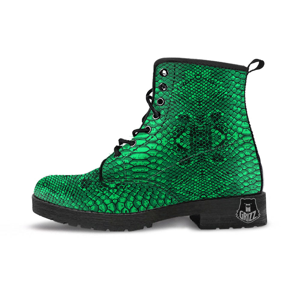 Snakeskin Black And Lime Green Print Leather Boots-grizzshop