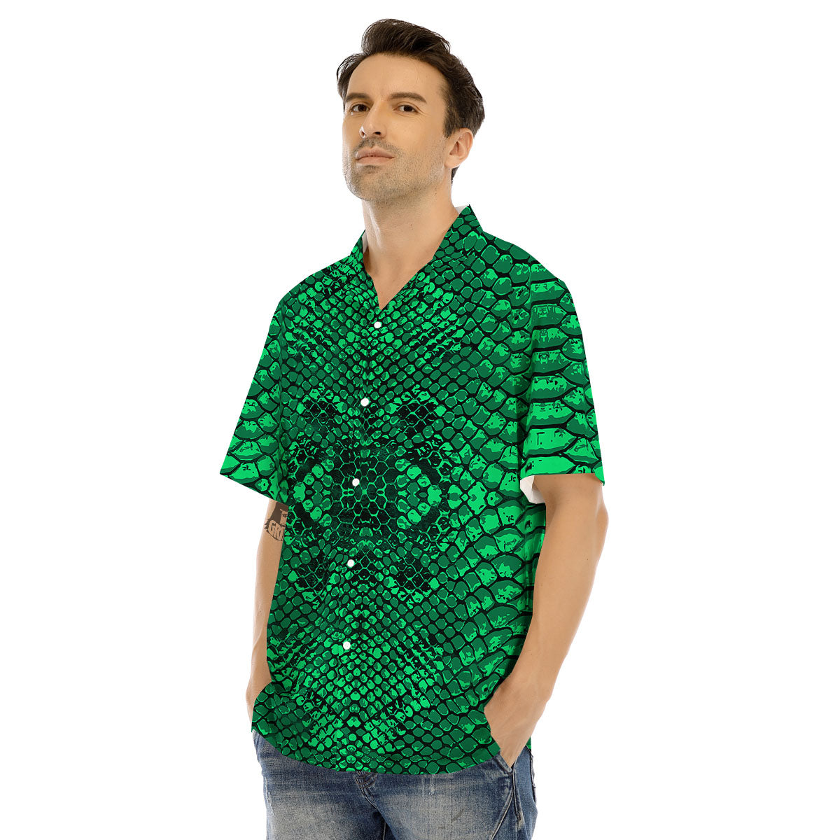 Snakeskin Black And Lime Green Print Men's Hawaiian Shirt-grizzshop