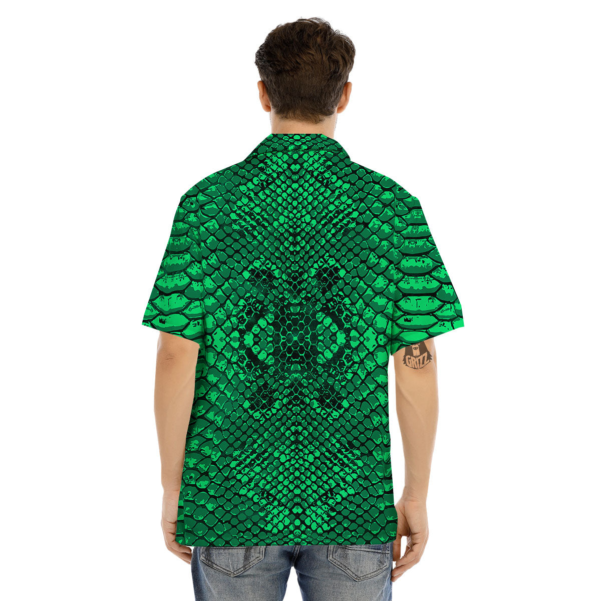 Snakeskin Black And Lime Green Print Men's Hawaiian Shirt-grizzshop