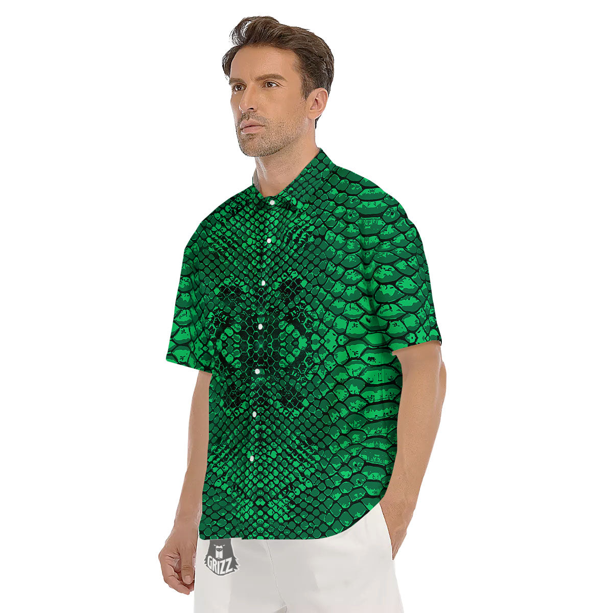 Snakeskin Black And Lime Green Print Men's Short Sleeve Shirts-grizzshop