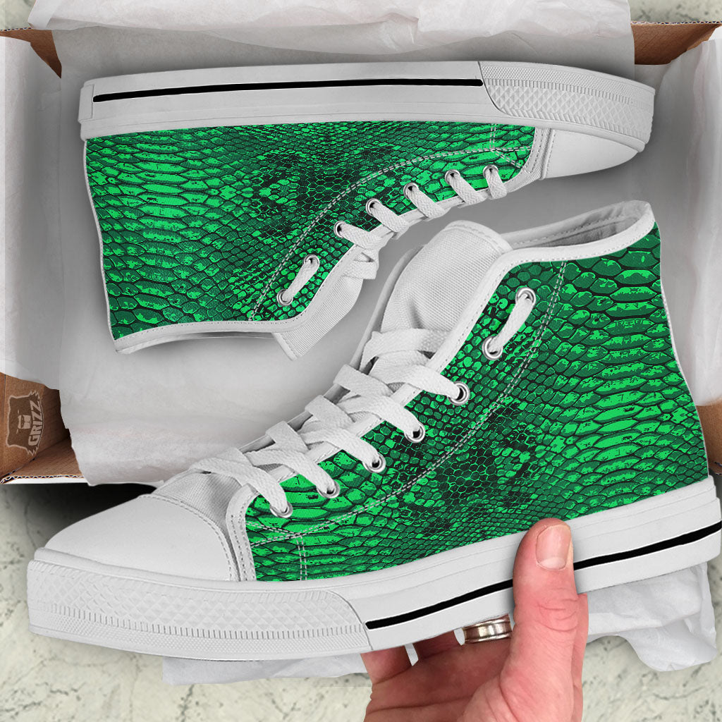 Snakeskin Black And Lime Green Print White High Top Shoes-grizzshop