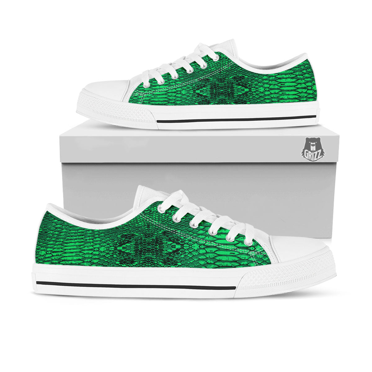 Snakeskin Black And Lime Green Print White Low Top Shoes-grizzshop