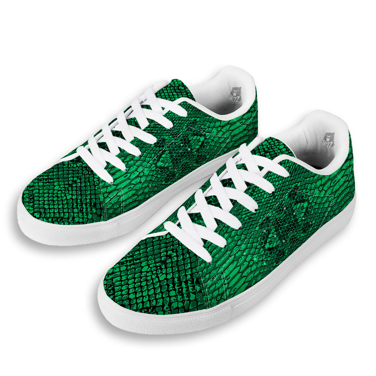 Snakeskin Black And Lime Green Print White Low Top Sneakers-grizzshop
