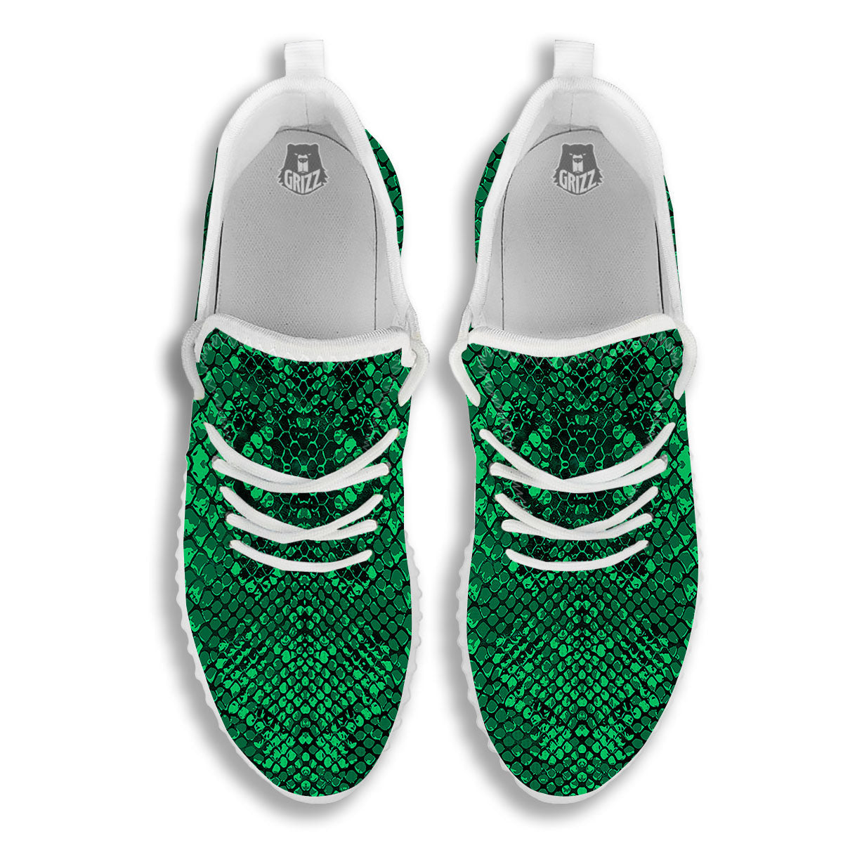 Snakeskin Black And Lime Green Print White Walking Shoes-grizzshop