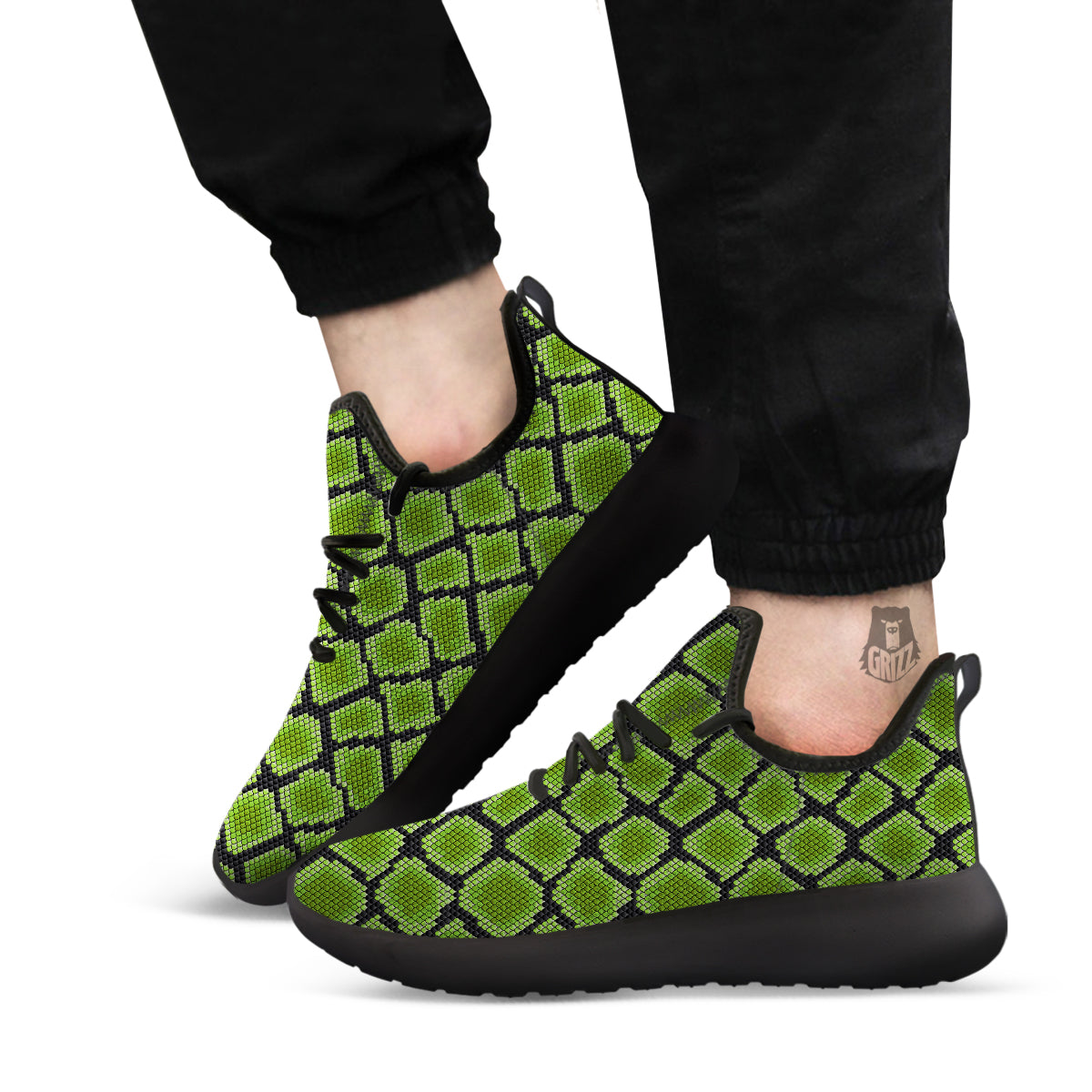 Snakeskin Black And Neon Green Print Black Athletic Shoes-grizzshop